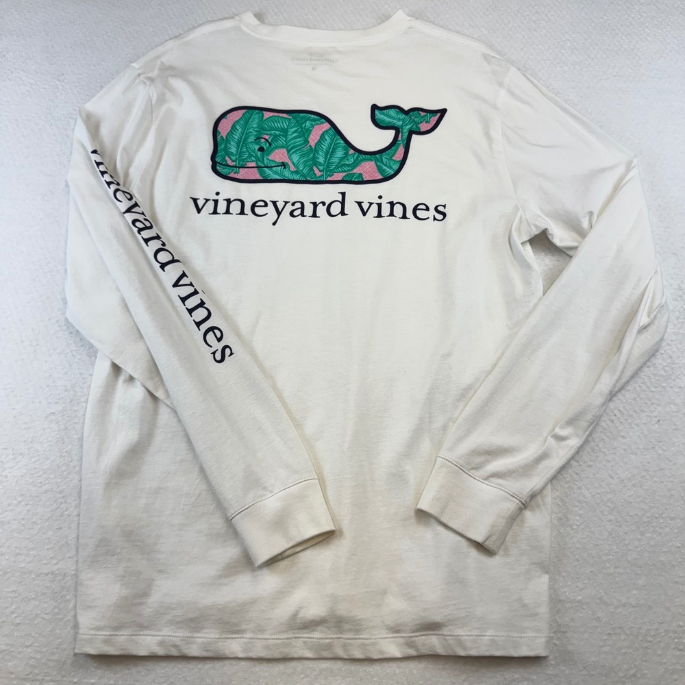 Vineyard Vines Long Sleeve Shirt Mens M White Excellent Palm Leaf Whale Pocket‎